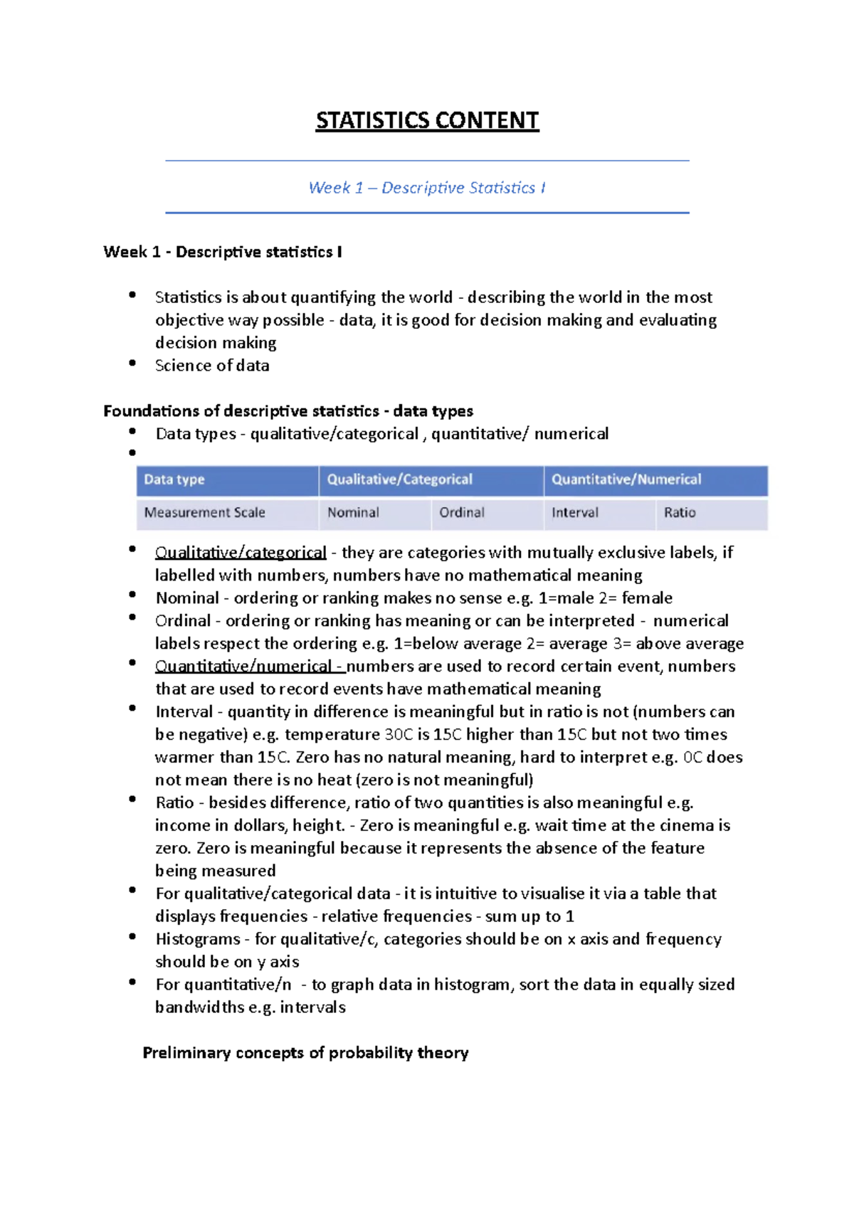 Statistics EXAM Content - STATISTICS CONTENT Week 1 – Descrip琀椀ve Sta琀椀 ...
