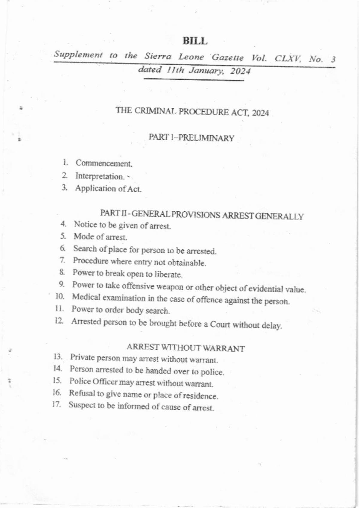 THE Criminal Procedure ACT, 2024 BILL Supplement to the Sierra Leone