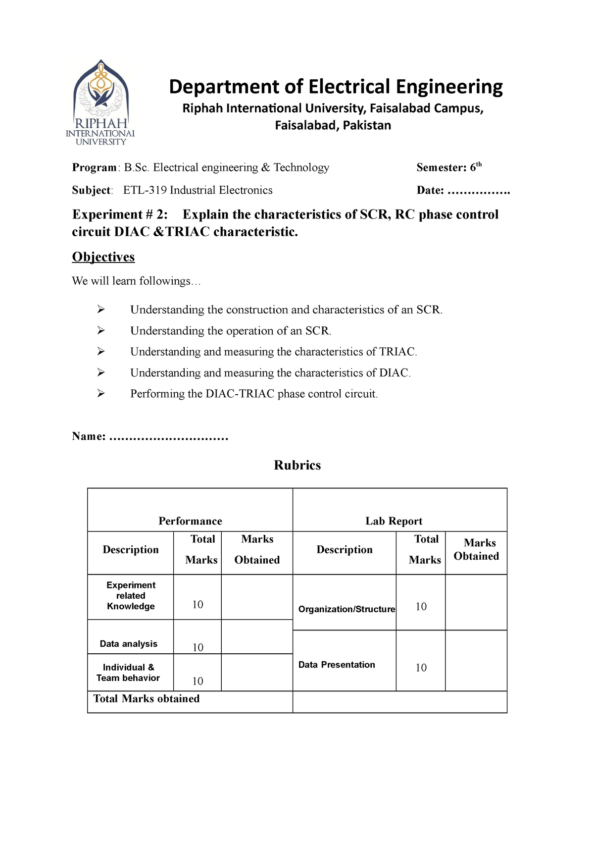 Exp No 2 - Industrial Electronic Lab - Department Of Electrical ...