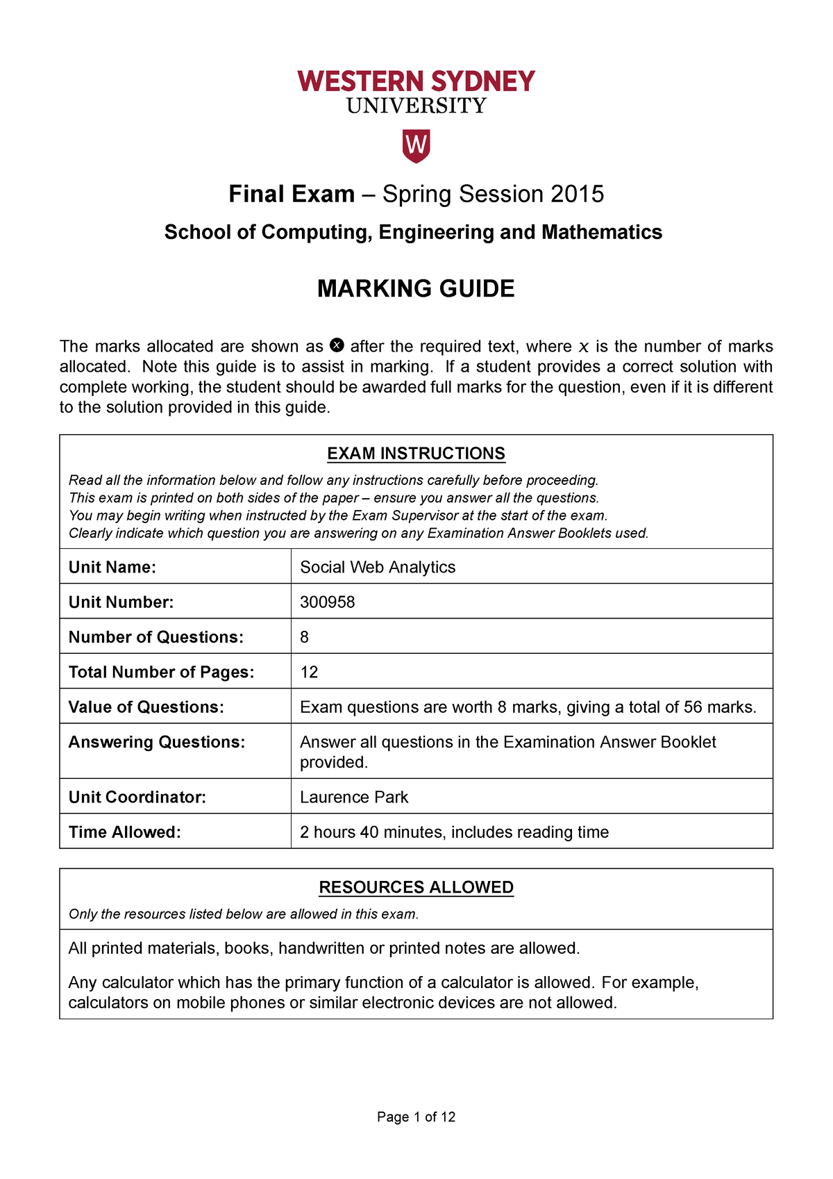 Spring 2015 Sample Exam Answers - Final Exam – Spring Session 2015 ...