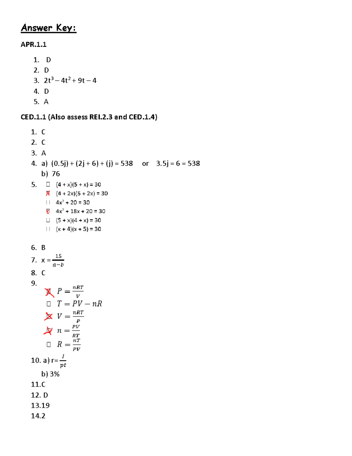 Algebra I EOC Study Guide Answers Answer Key APR. 1. D 2. D 3. 2t 3