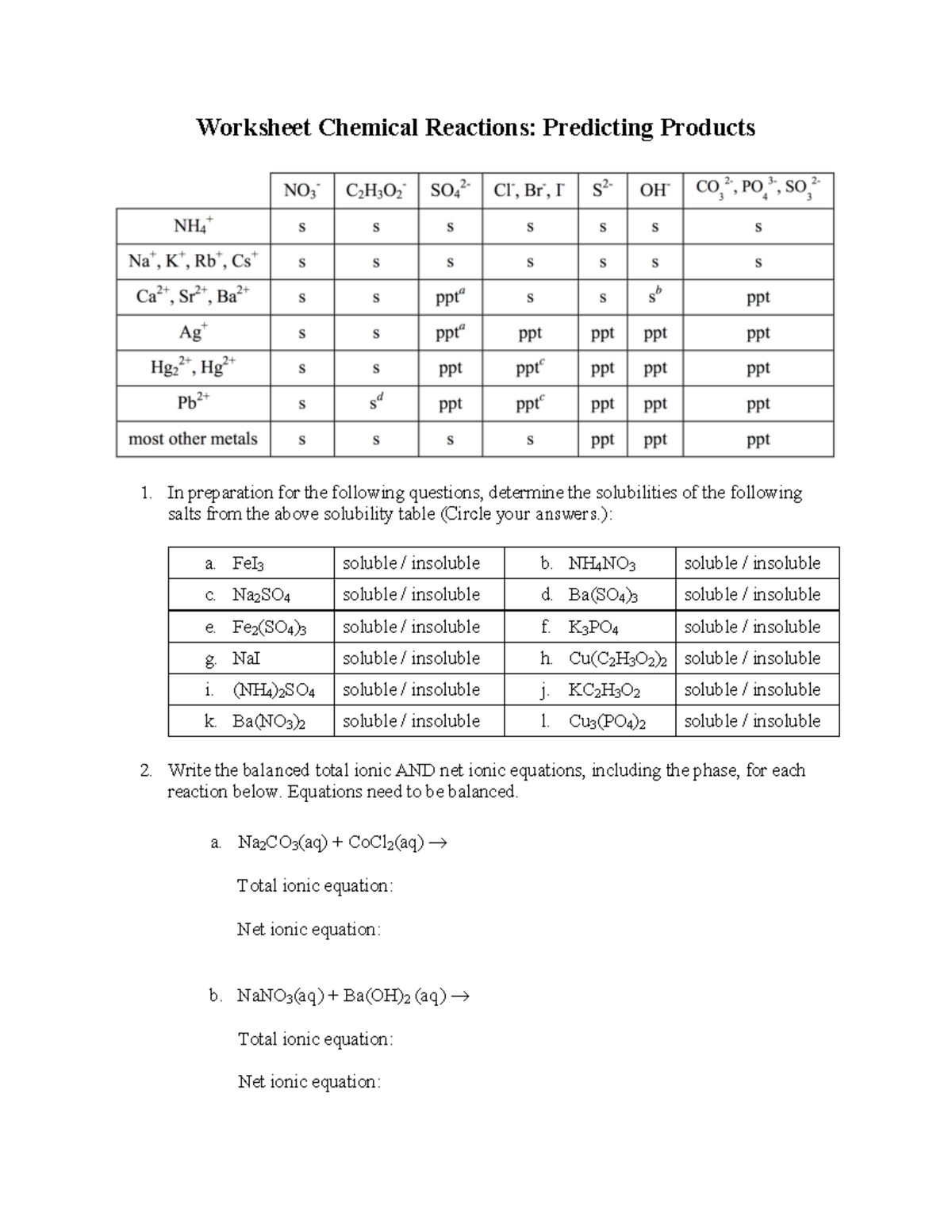 Worksheet Chemical Reactions - ): a. FeI 3 soluble / insoluble b. NH 4 ...