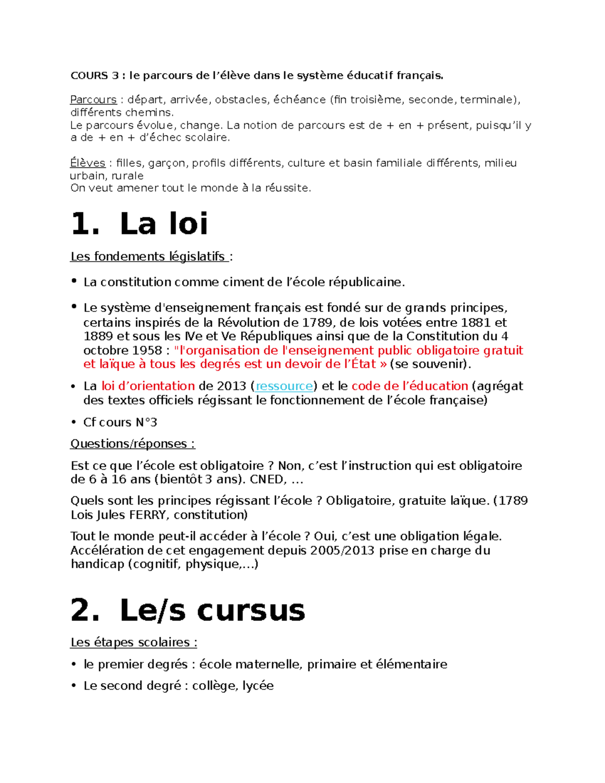 Cours 3 - COURS 3 : Le Parcours De L’élève Dans Le Système éducatif ...