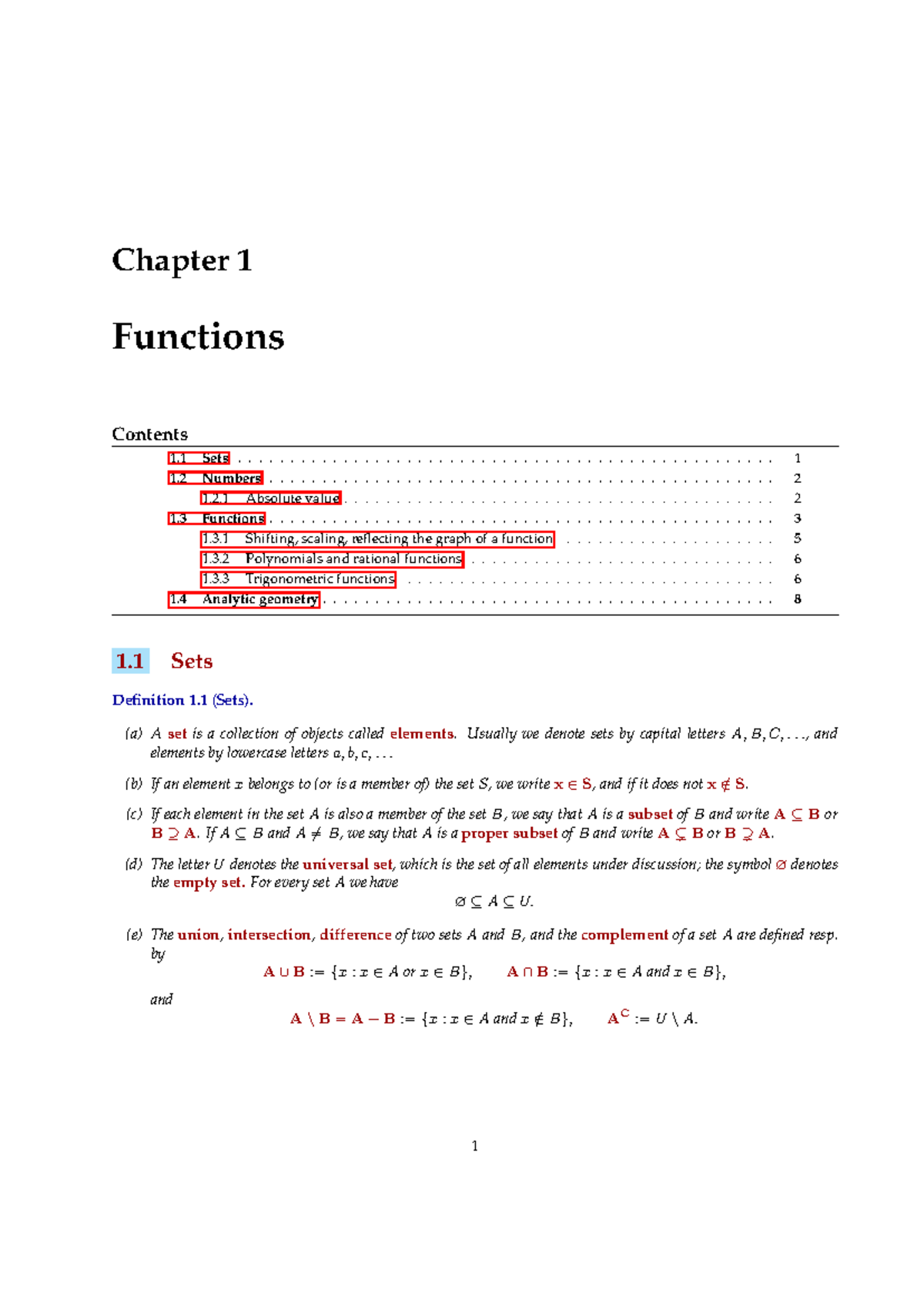 Ch1-Functions - Math101 - Chapter 1 Functions Contents 1 - Studocu