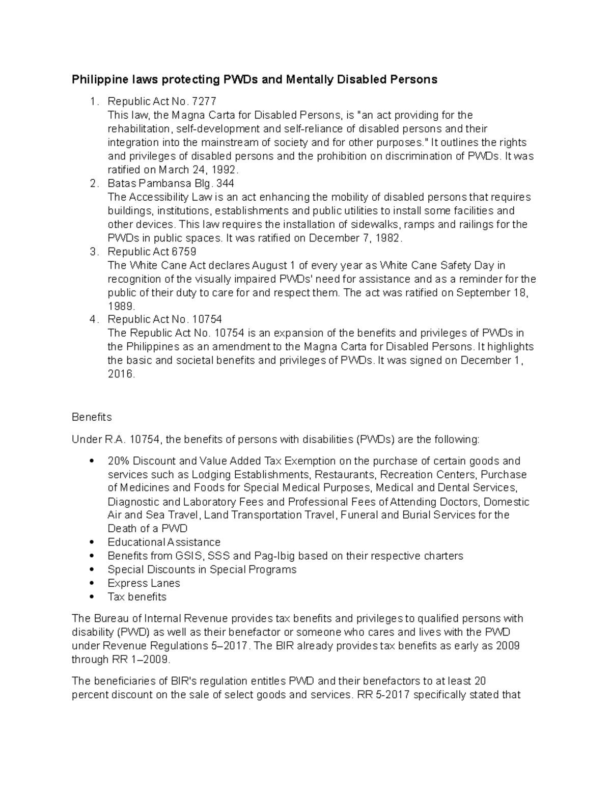 Philippine laws protecting PWDs and Mentally Disabled Persons 7277