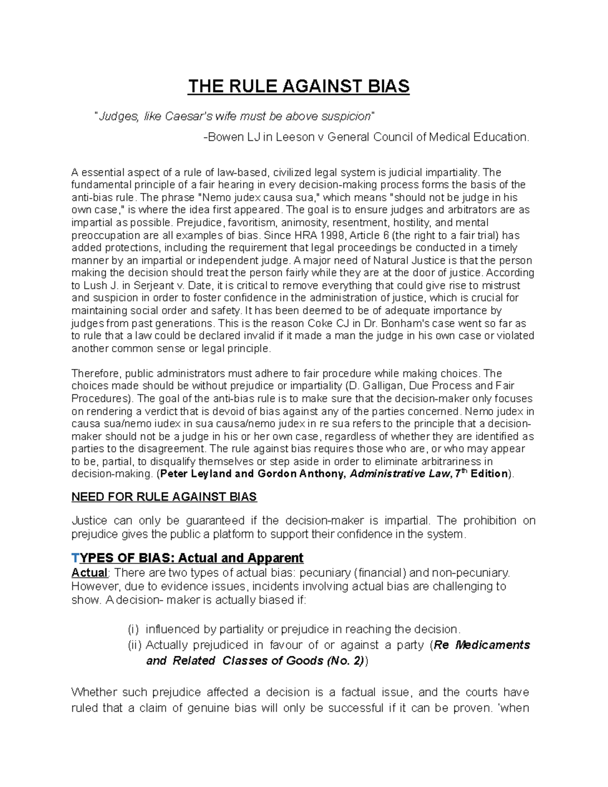 THE RULE Against BIAS - THE RULE AGAINST BIAS “Judges, like Caesar’s ...