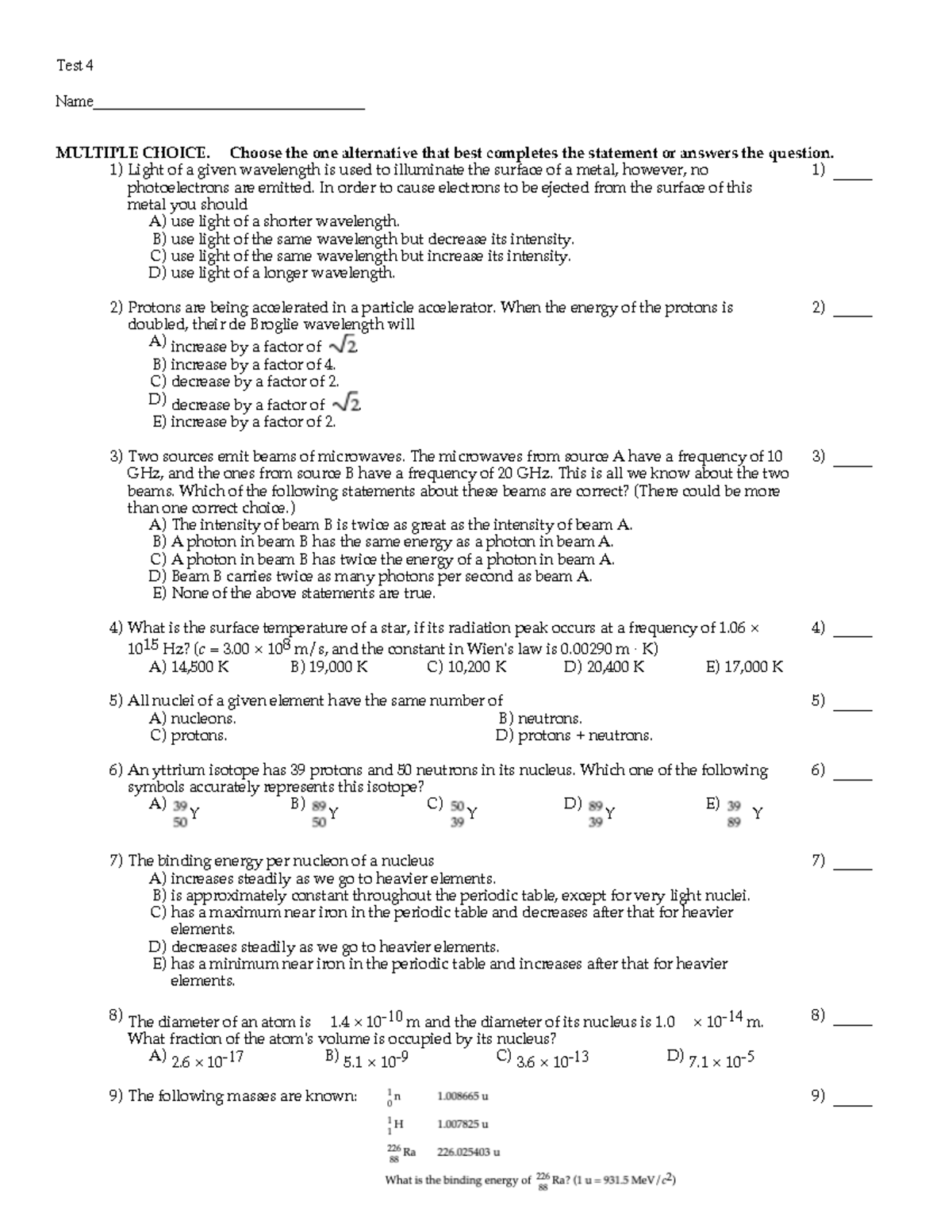 Test4 Question Answer Solution - Test 4 Name ...