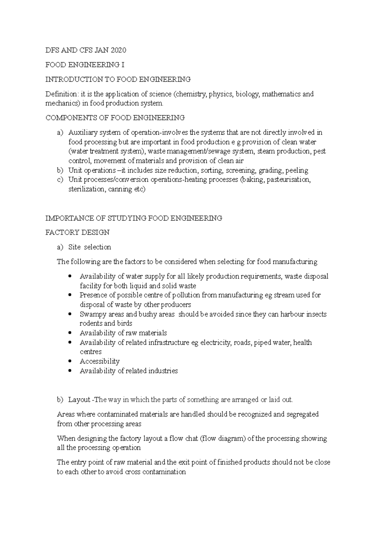 FOOD Engineering I lesson 1 - DFS AND CFS JAN 2020 FOOD ENGINEERING I ...