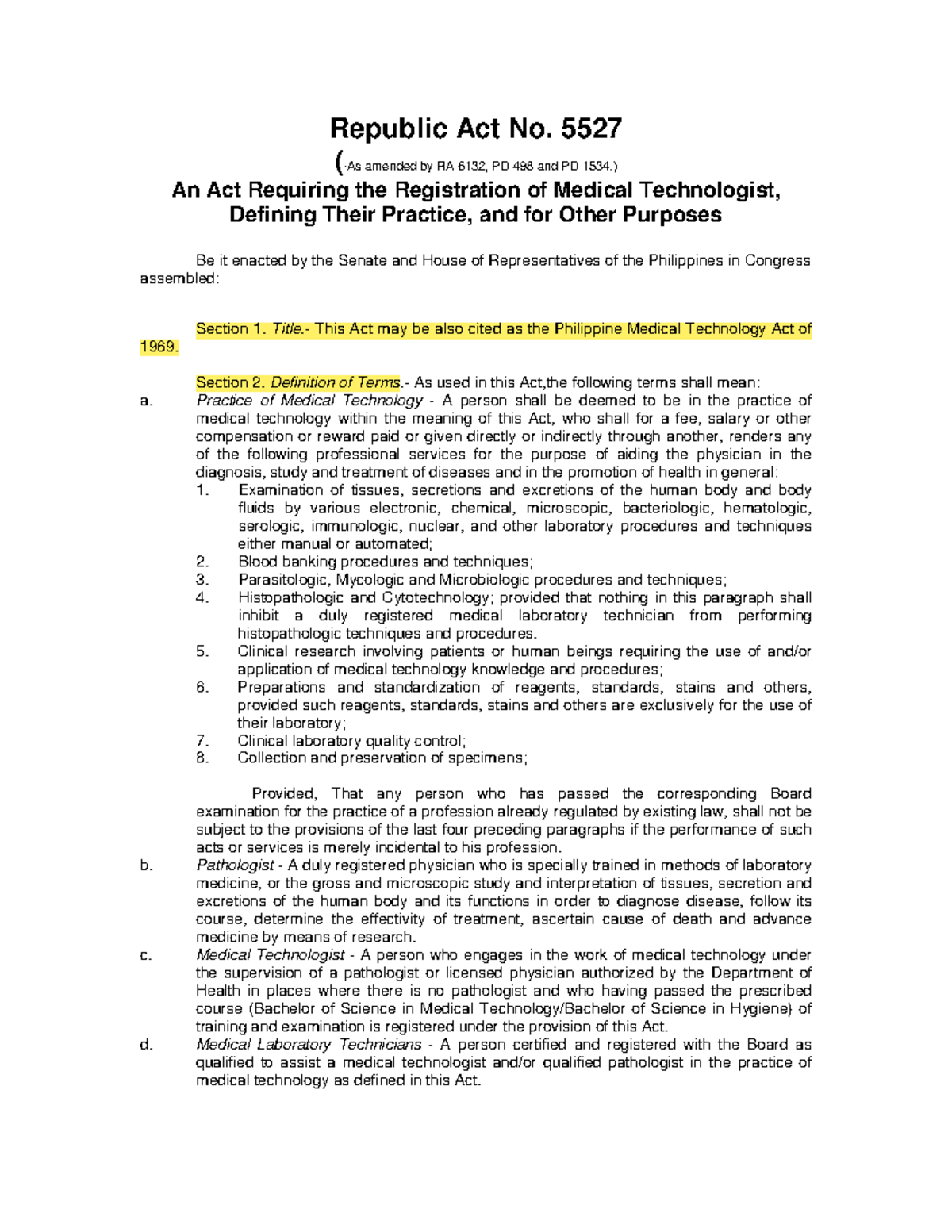 Republic Act No. 5527 An Act Requiring the Registration of Medical ...