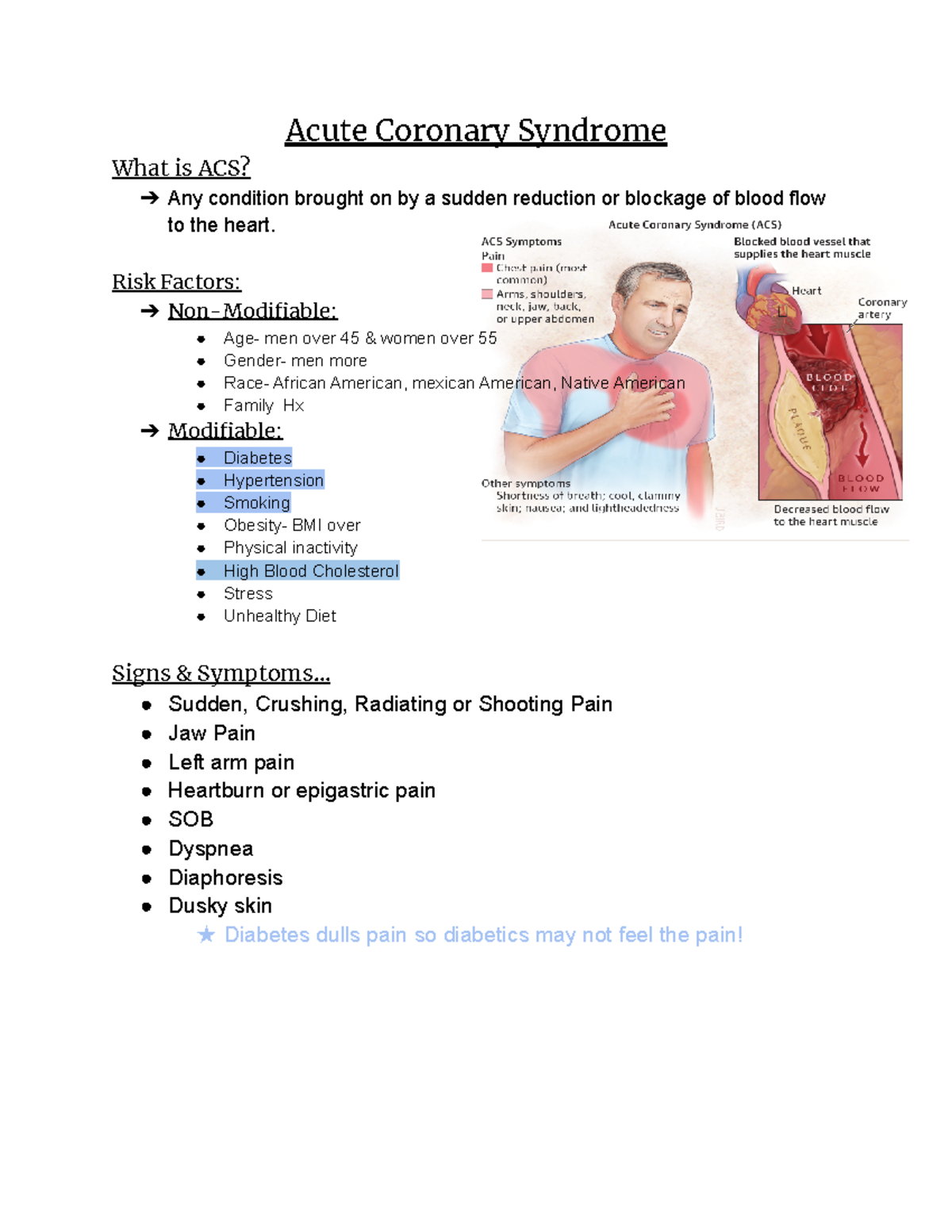 Acute Coronary Syndrome - Risk Factors: Non-Modifiable: Age- men over ...