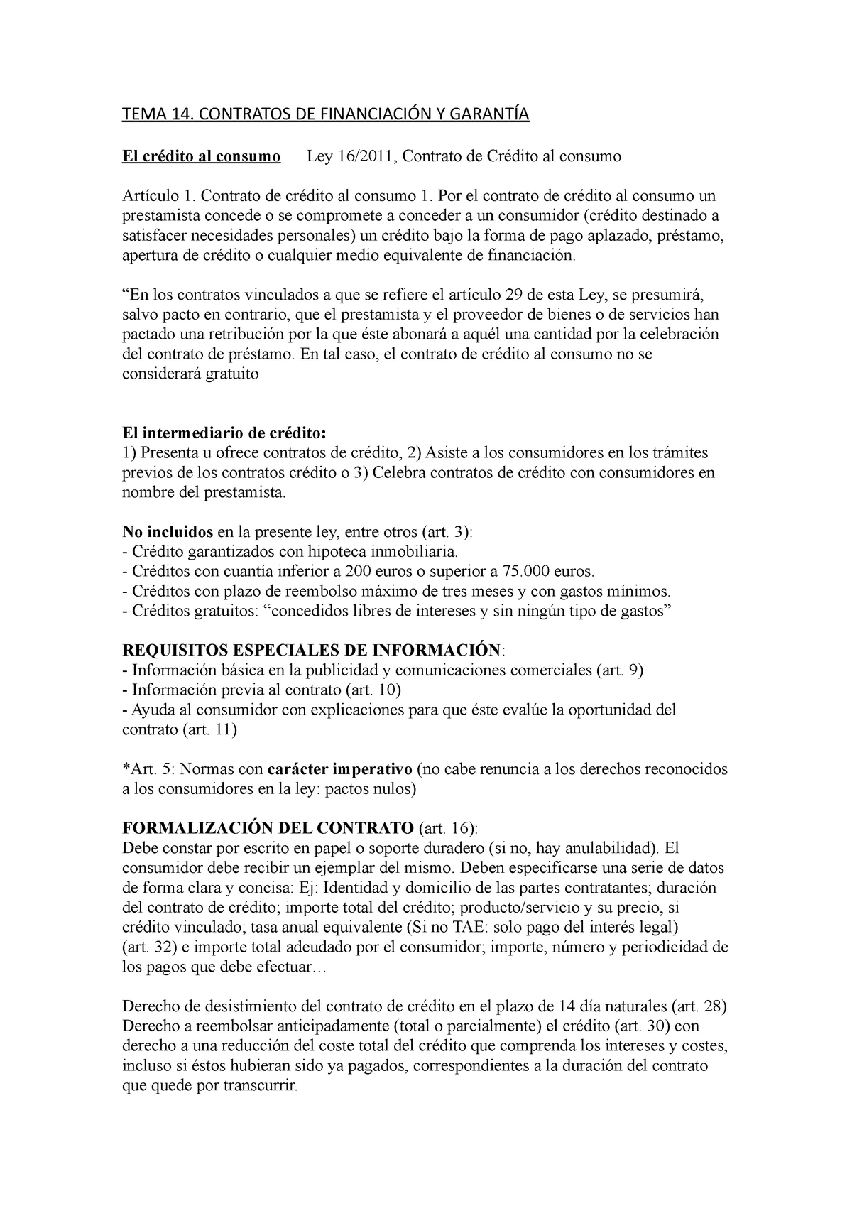 Contratos TEMA 14 16 y 17 - TEMA 14. CONTRATOS DE FINANCIACIÓN Y GARANTÍA  El crédito al consumo Ley - Studocu