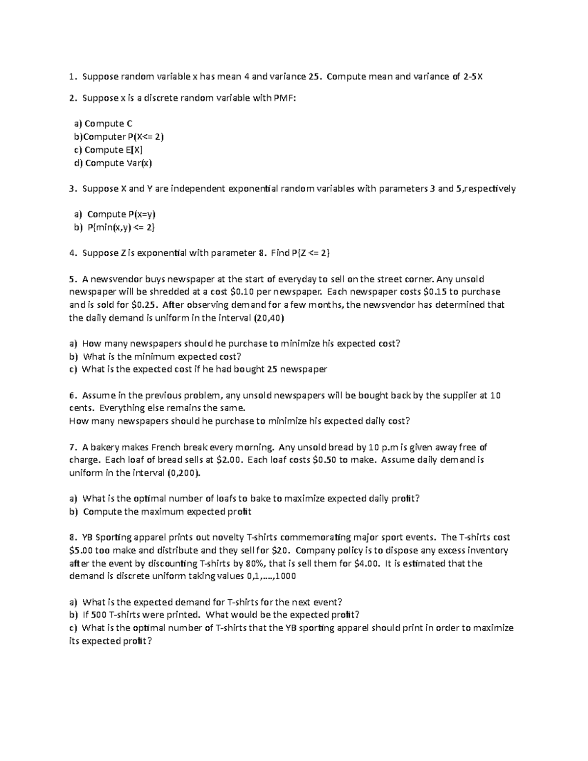 3232 Midterm 1 practice - Suppose random variable x has mean 4 and ...
