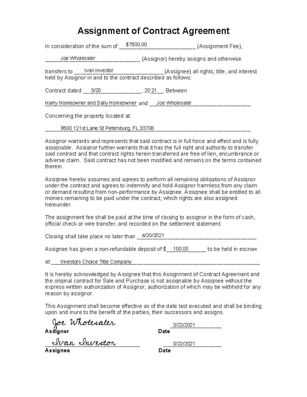 Whole Sale Assignment Example - Assignment Of Contract Agreement In 