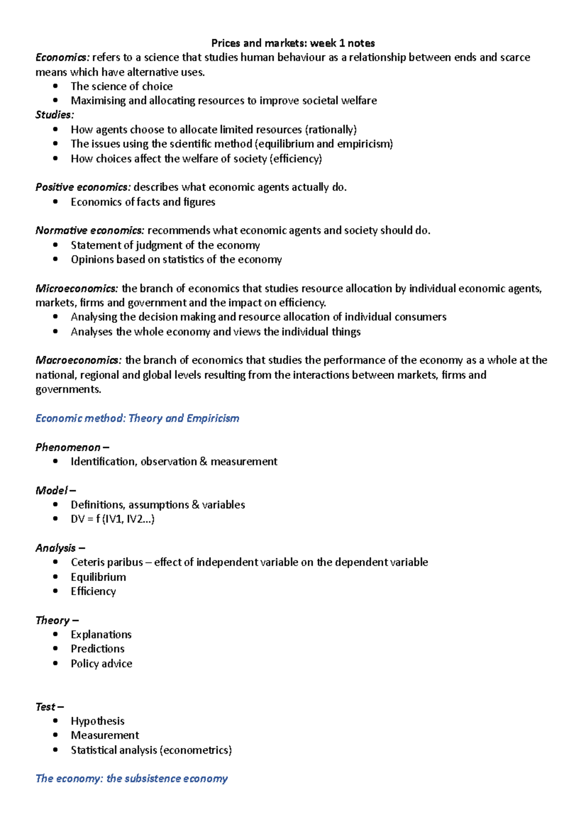 Prices and markets w1 notes - Prices and markets: week 1 notes ...