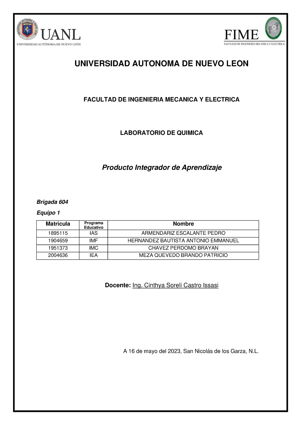 PIA Final Laboratorio De Quimica - UNIVERSIDAD AUTONOMA DE NUEVO LEON ...