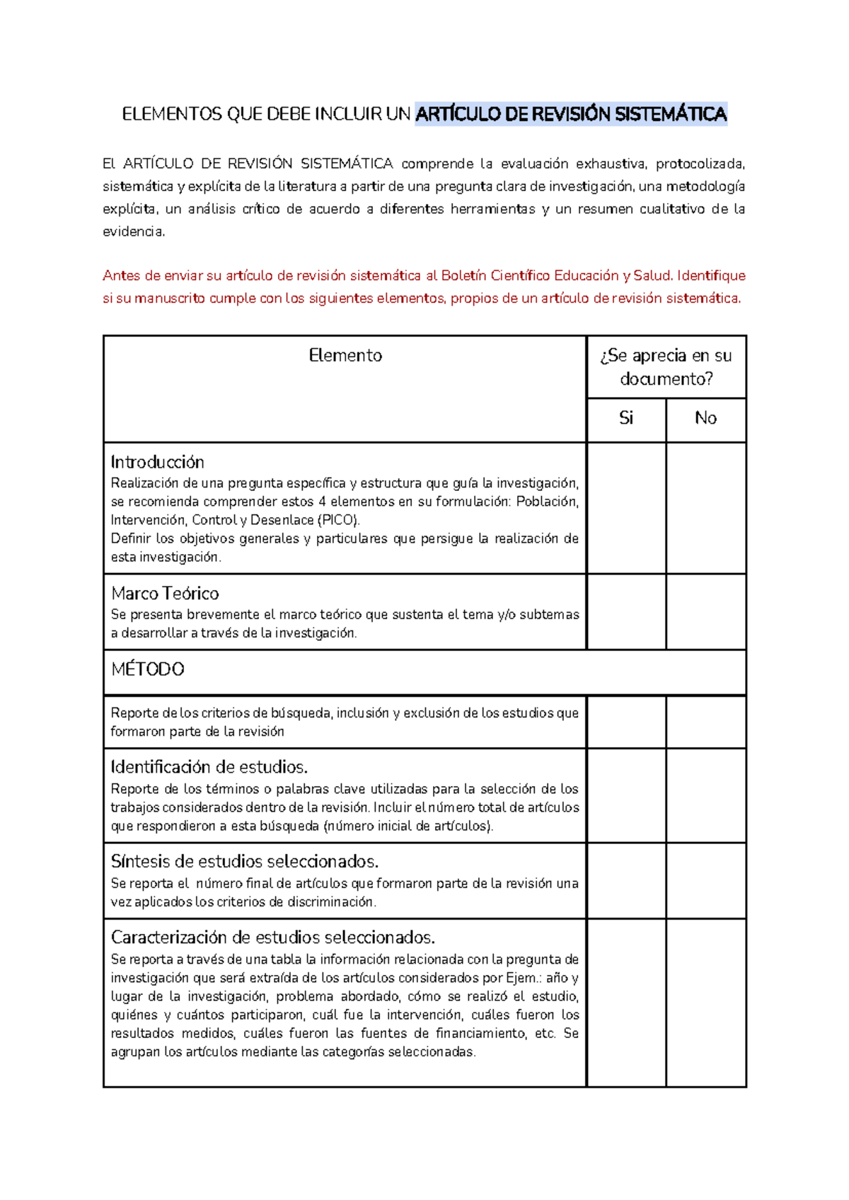 Check list articulos-revision sistematica - ELEMENTOS QUE DEBE INCLUIR ...