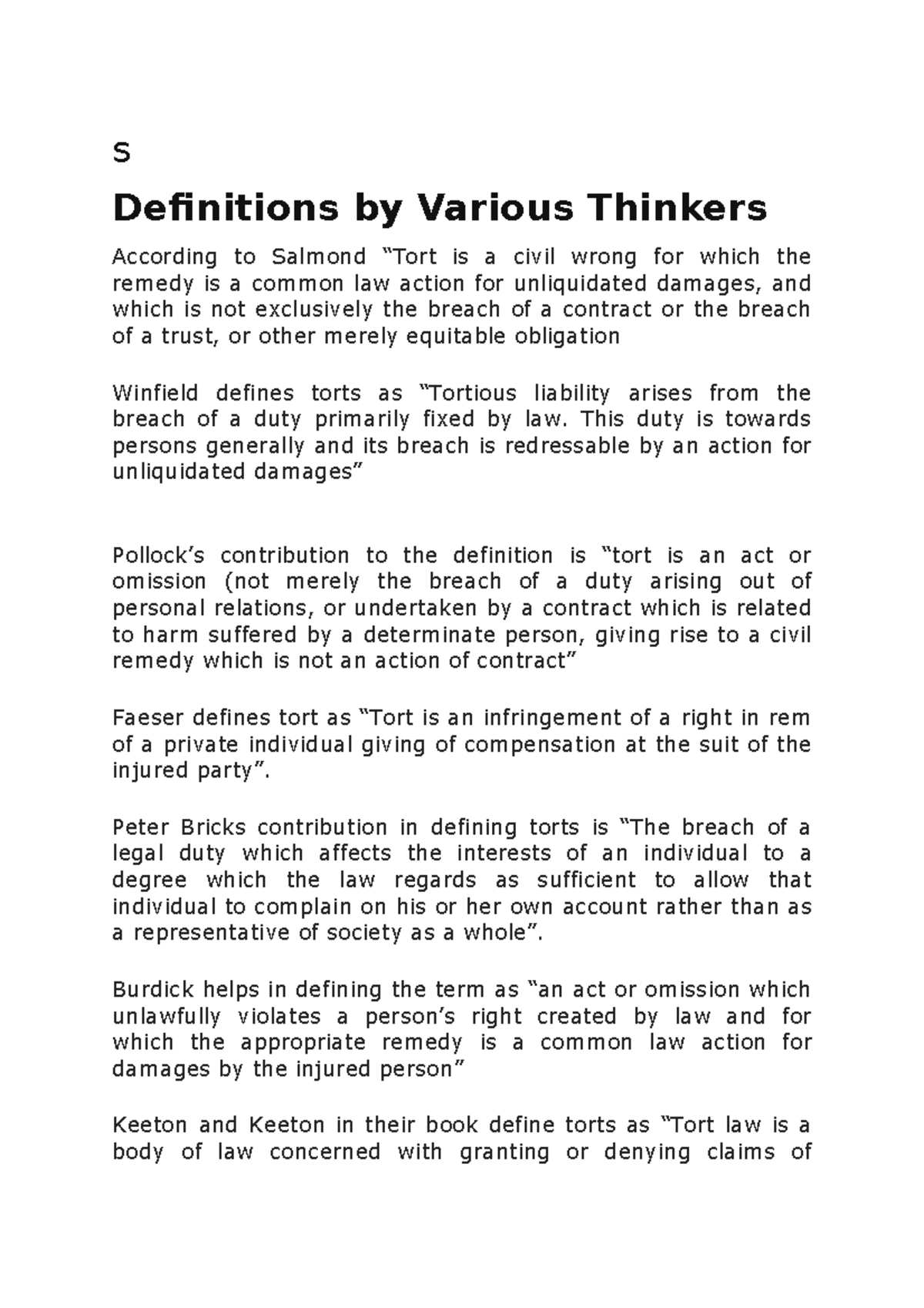 Law of torts s Definitions by Various Thinkers According to Salmond