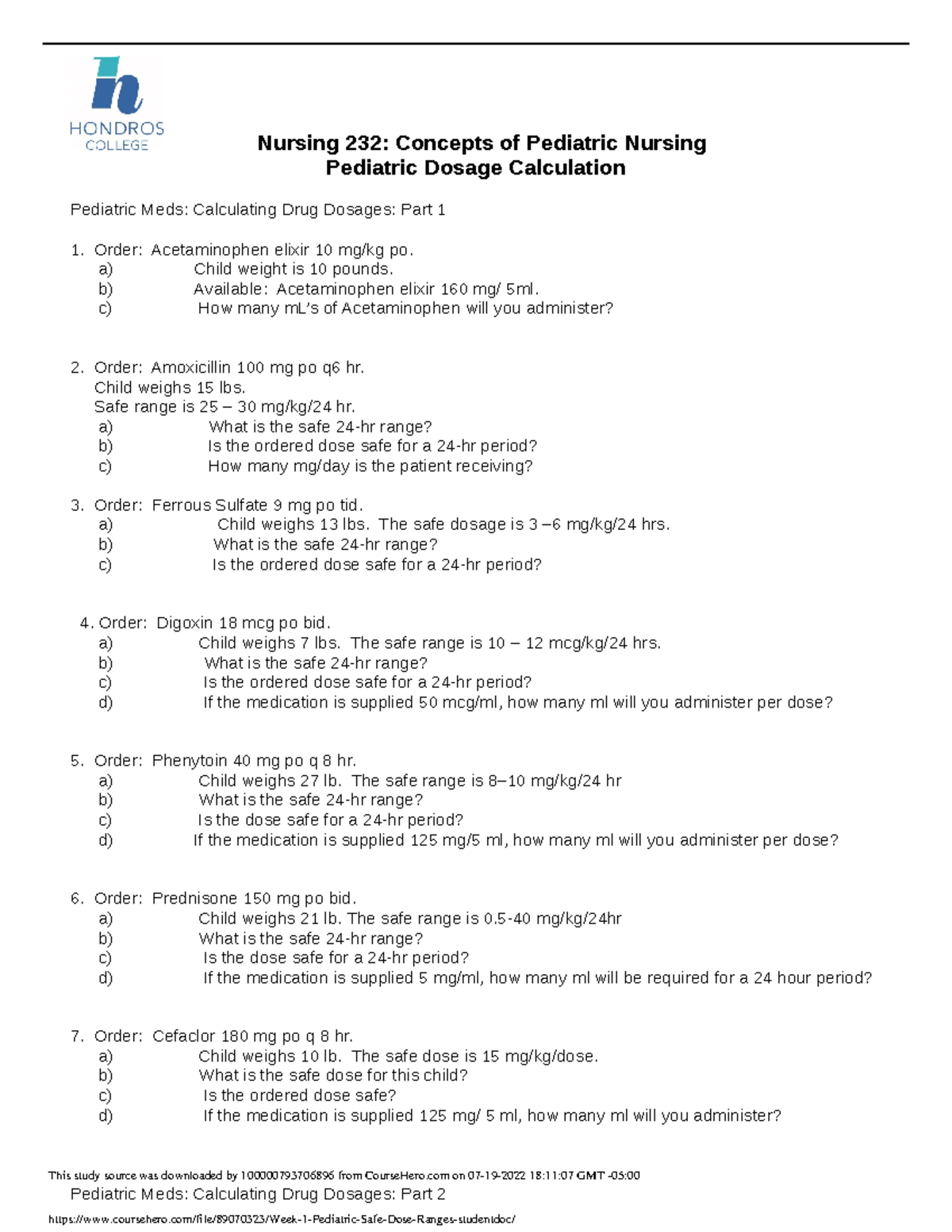 Week 1 Pediatric Safe Dose Ranges student Nursing 232 Concepts of