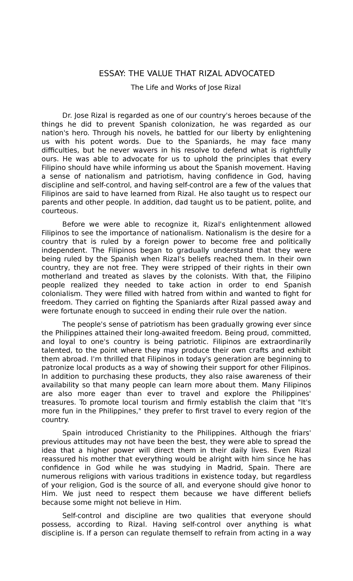 essay writing or speech about a particular value rizal advocated