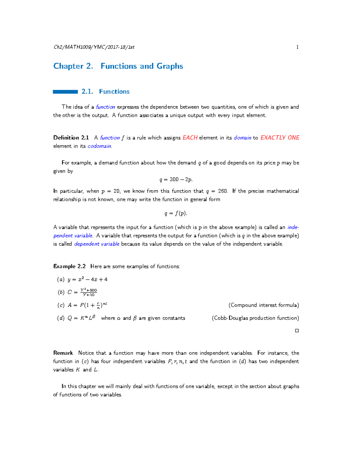 Chapter 2(1009)(17-18 First) - 1 Chapter 2. Functions and Graphs 2 ...