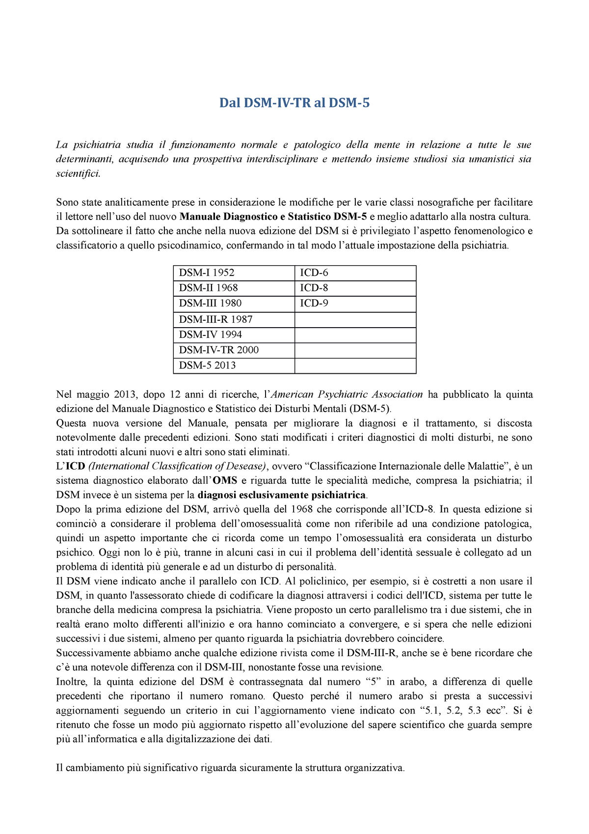 Dal DSM - Riassunto e appunti sul DSM - Dal DSM-IV-TR al DSM- La