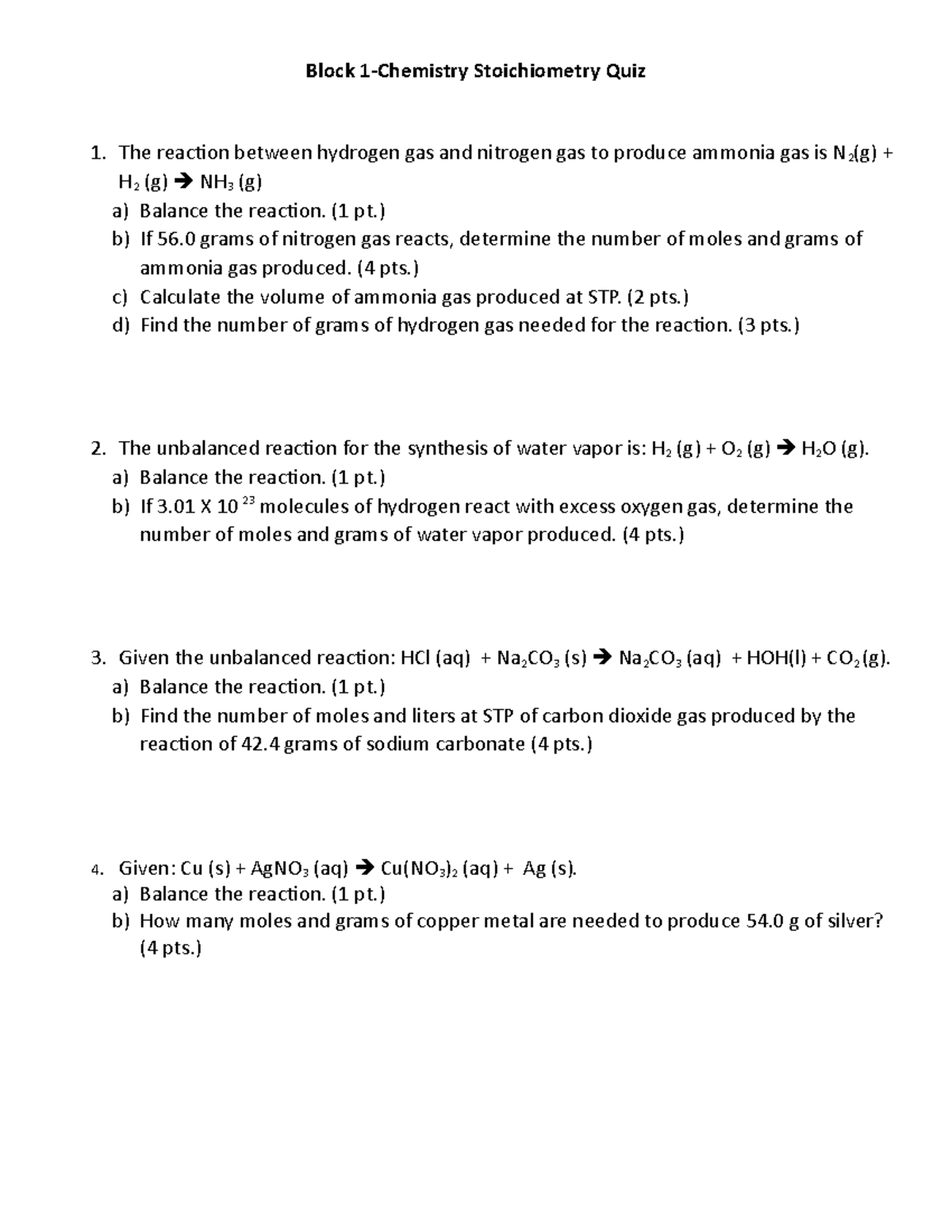 Block+1+Chemistry+Stoichiometry+Quiz - Block 1-Chemistry Stoichiometry ...