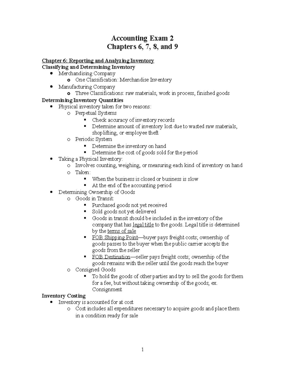 Exam 2 Notes - Accounting Exam 2 Chapters 6, 7, 8, And 9 Chapter 6 ...