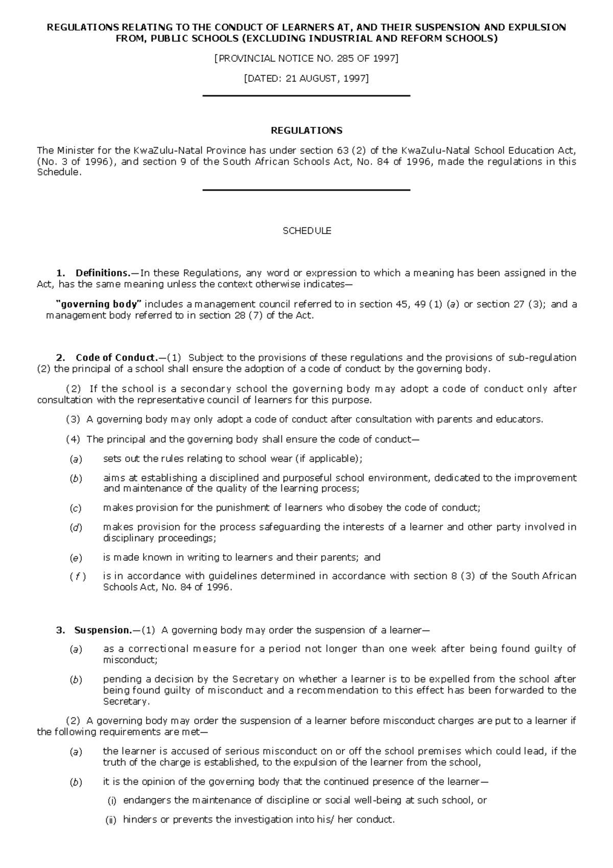 Regulations Relating to the Code of Conduct of Learners at, and their ...