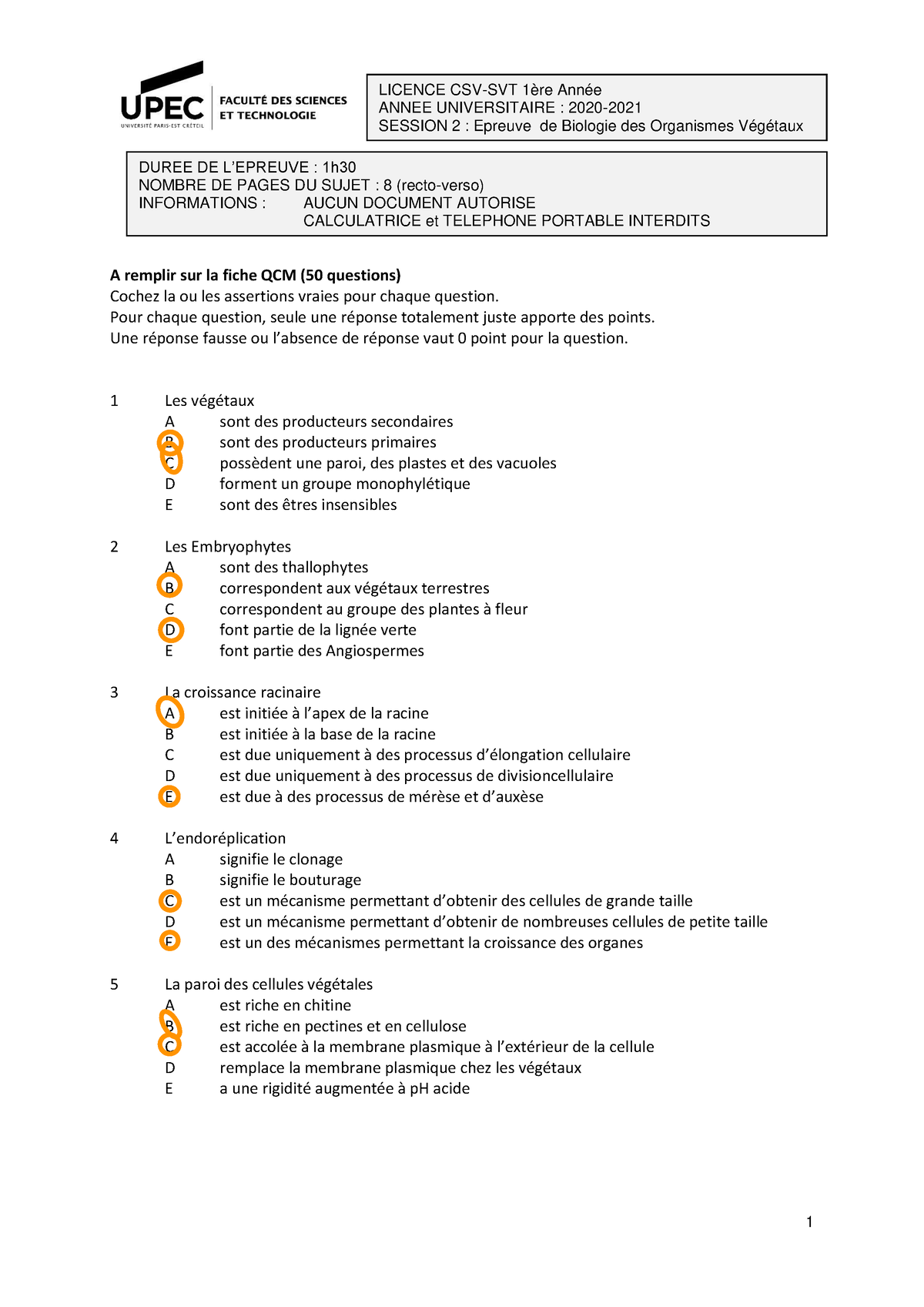 Exam Preparation Bov L1 - A Remplir Sur La Fiche QCM (50 Questions ...