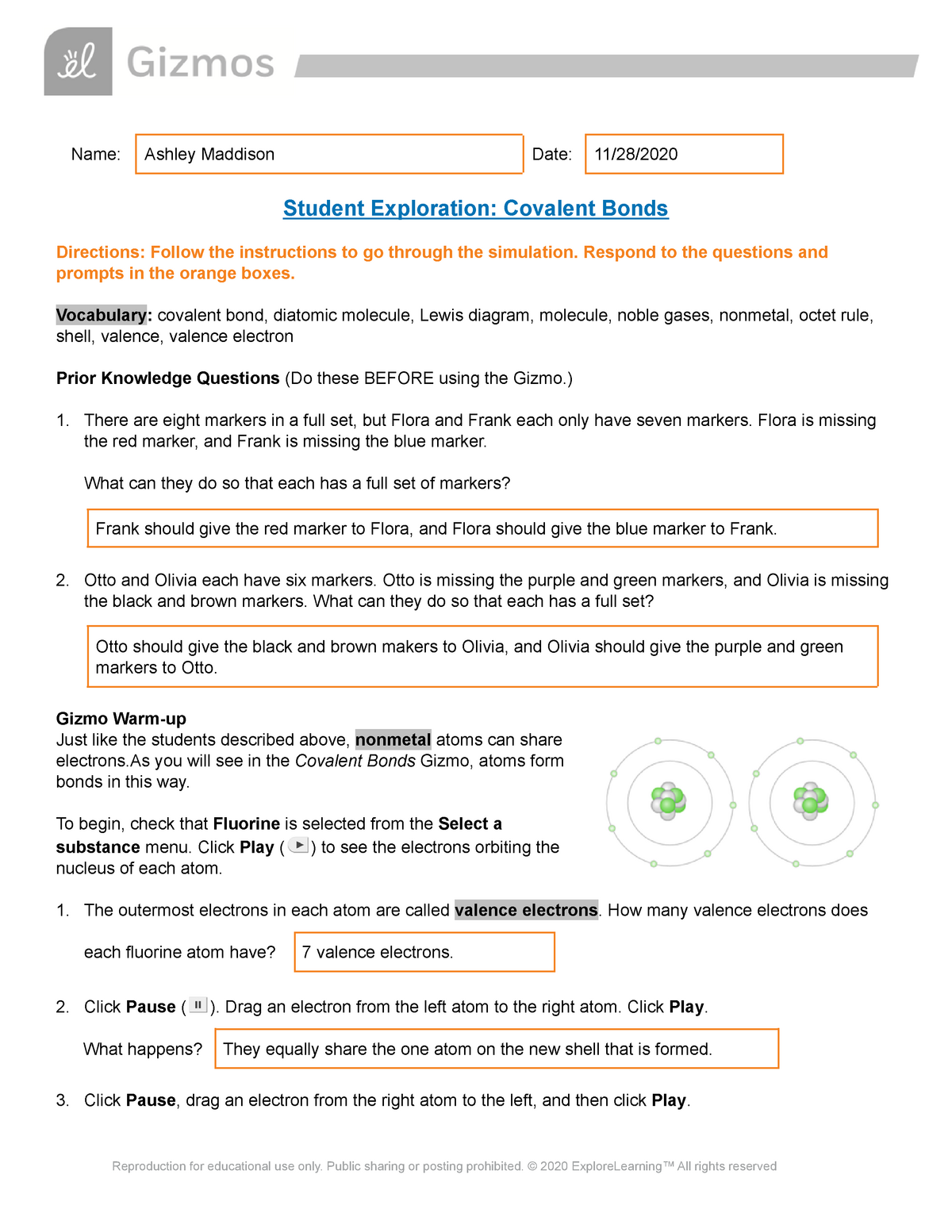 Covalent Bonding Gizmo Answers Name Ashley Maddison Date 11 28 