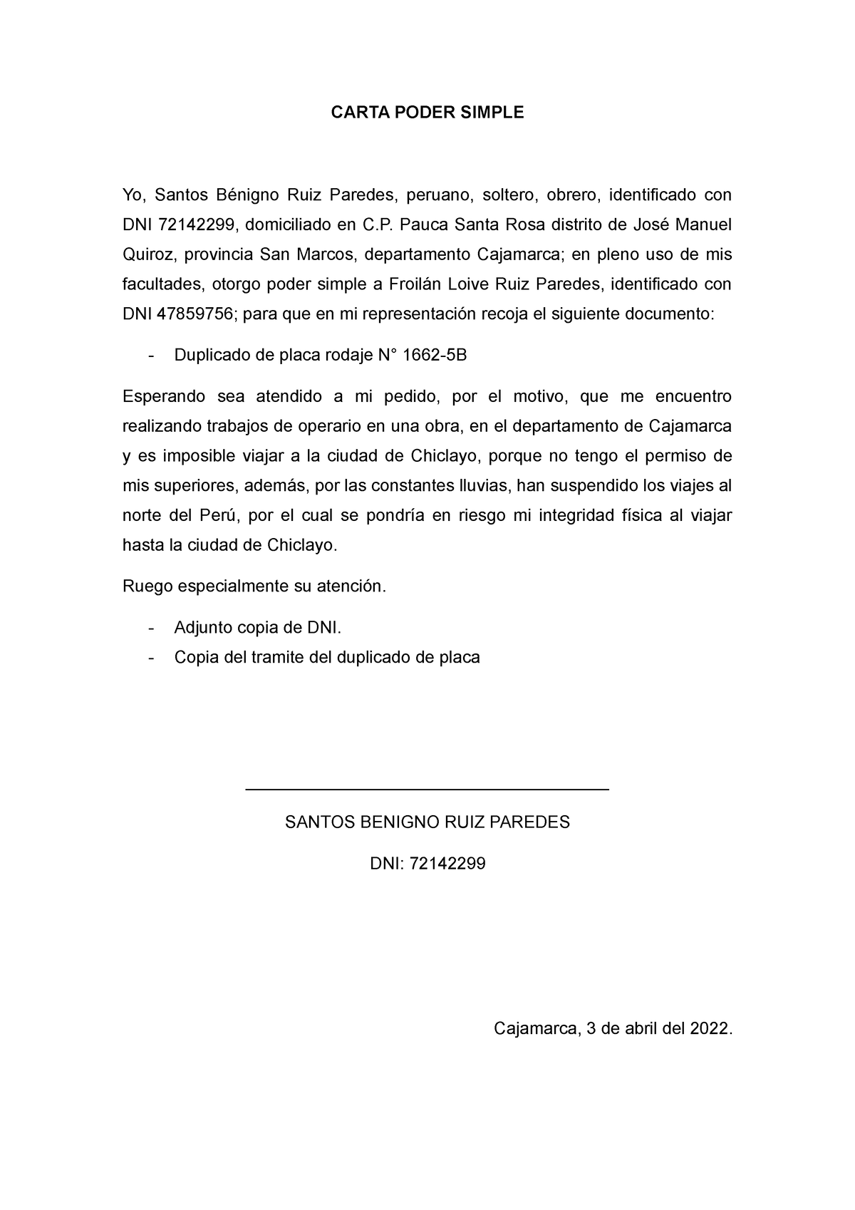 Carta Poder Simple Santos Benigno Carta Poder Simple Yo Santos Bénigno Ruiz Paredes 4826