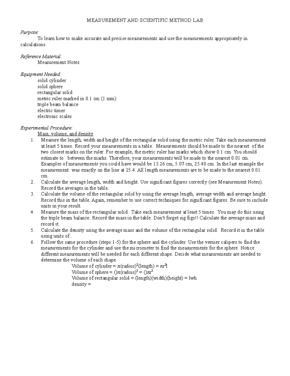 01 Measurement Lab - Lab notes - MEASUREMENT AND SCIENTIFIC METHOD LAB ...