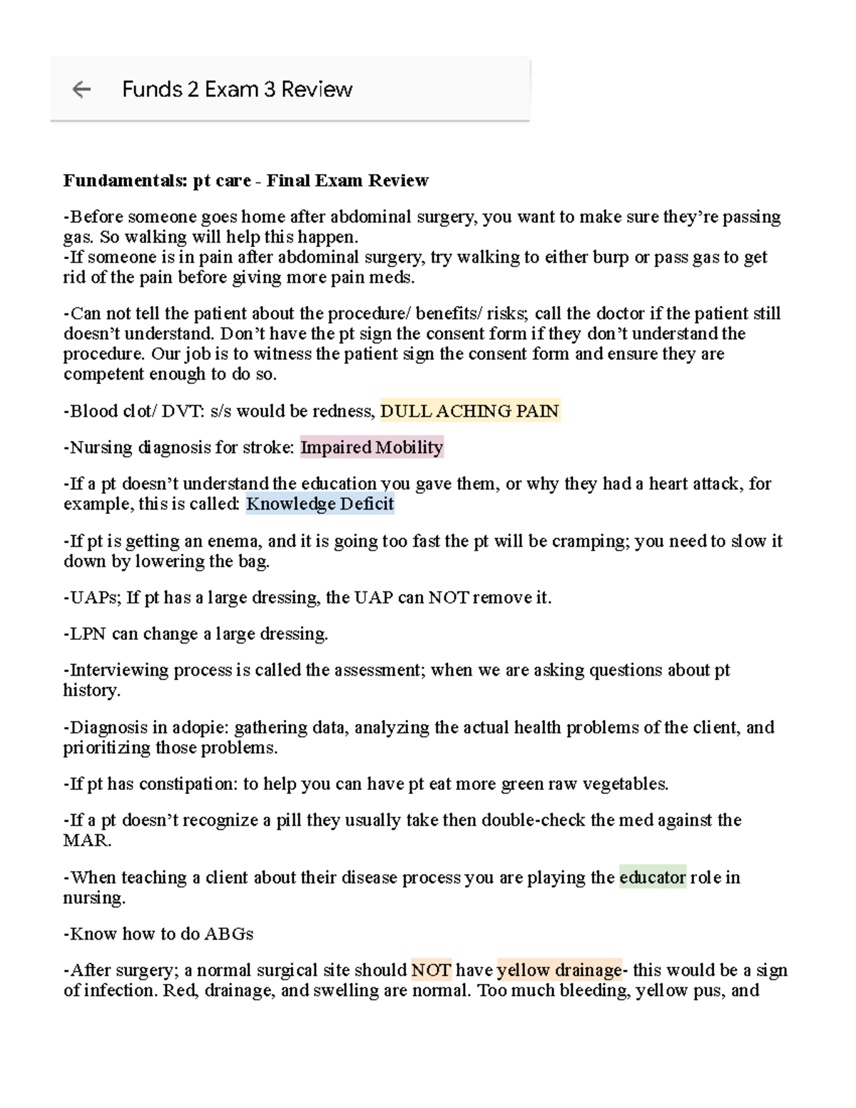Exam 3 Review - Fundamentals: pt care - Final Exam Review -Before ...