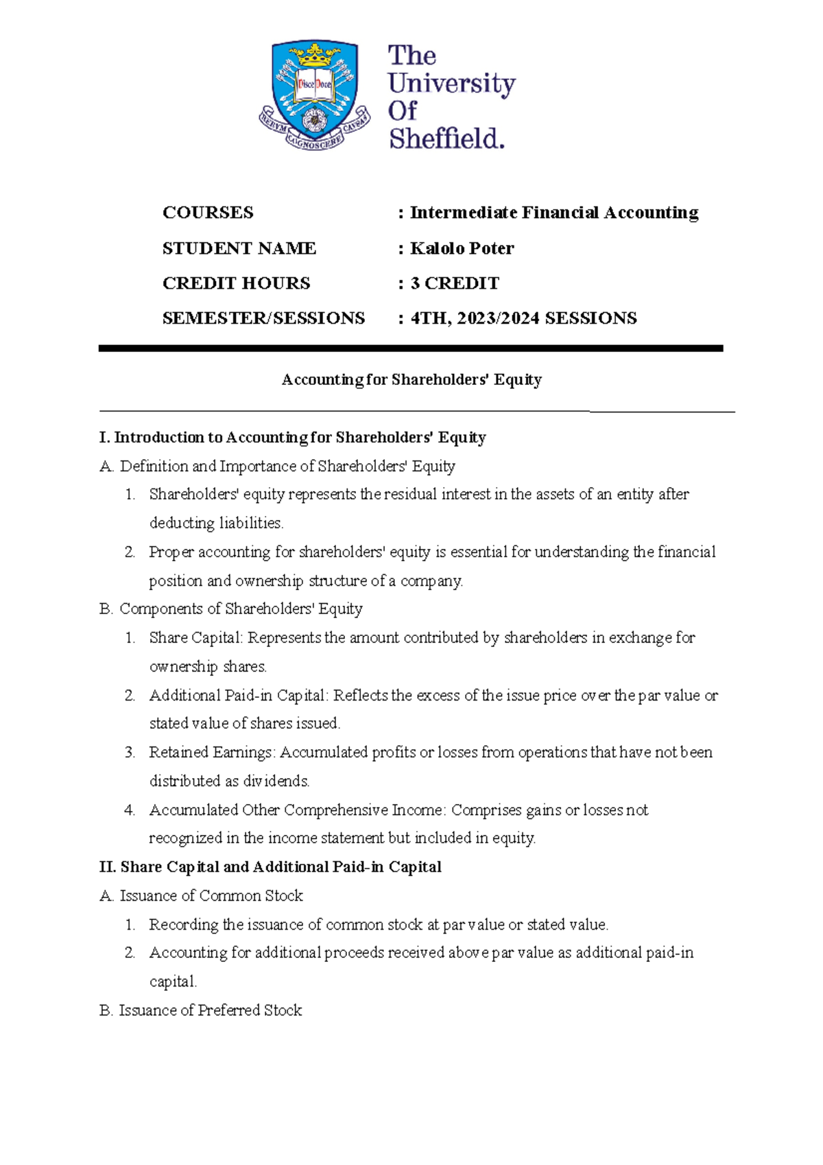 Accounting for Shareholders' Equity - COURSES : Intermediate Financial ...