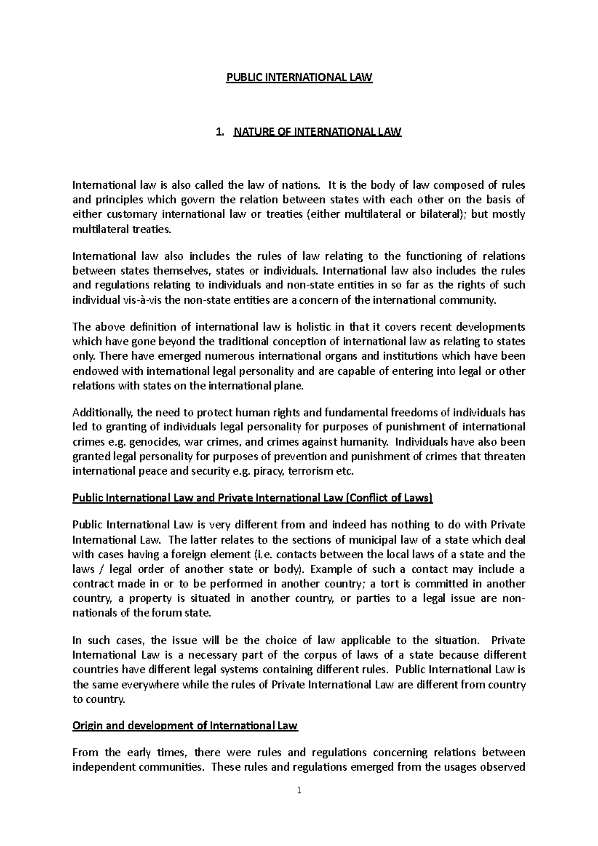 PIL Notes - 2014 - PUBLIC INTERNATIONAL LAW 1. NATURE OF INTERNATIONAL ...