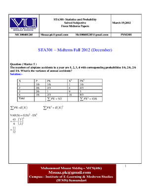 STA301-Mid Term Solved MCQs With References - STA301- Statistics And ...