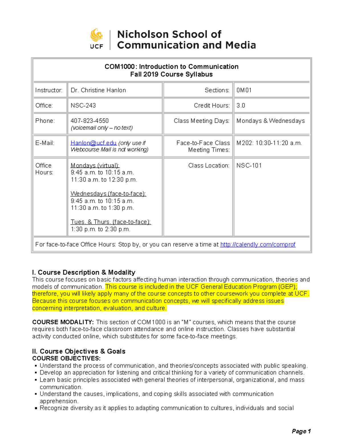 COM1000 Hanlon - syllabus - COM1000: Introduction to Communication Fall ...