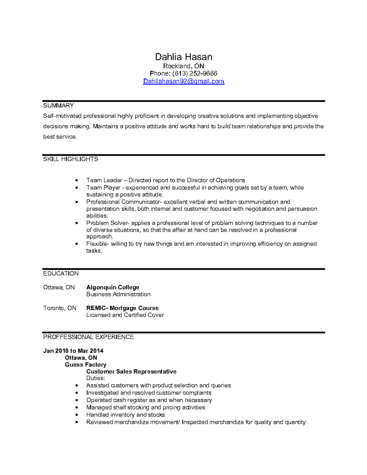 Resume TOH - Feb 2023 - finance - Dahlia Hasan Rockland, ON Phone: (613 ...