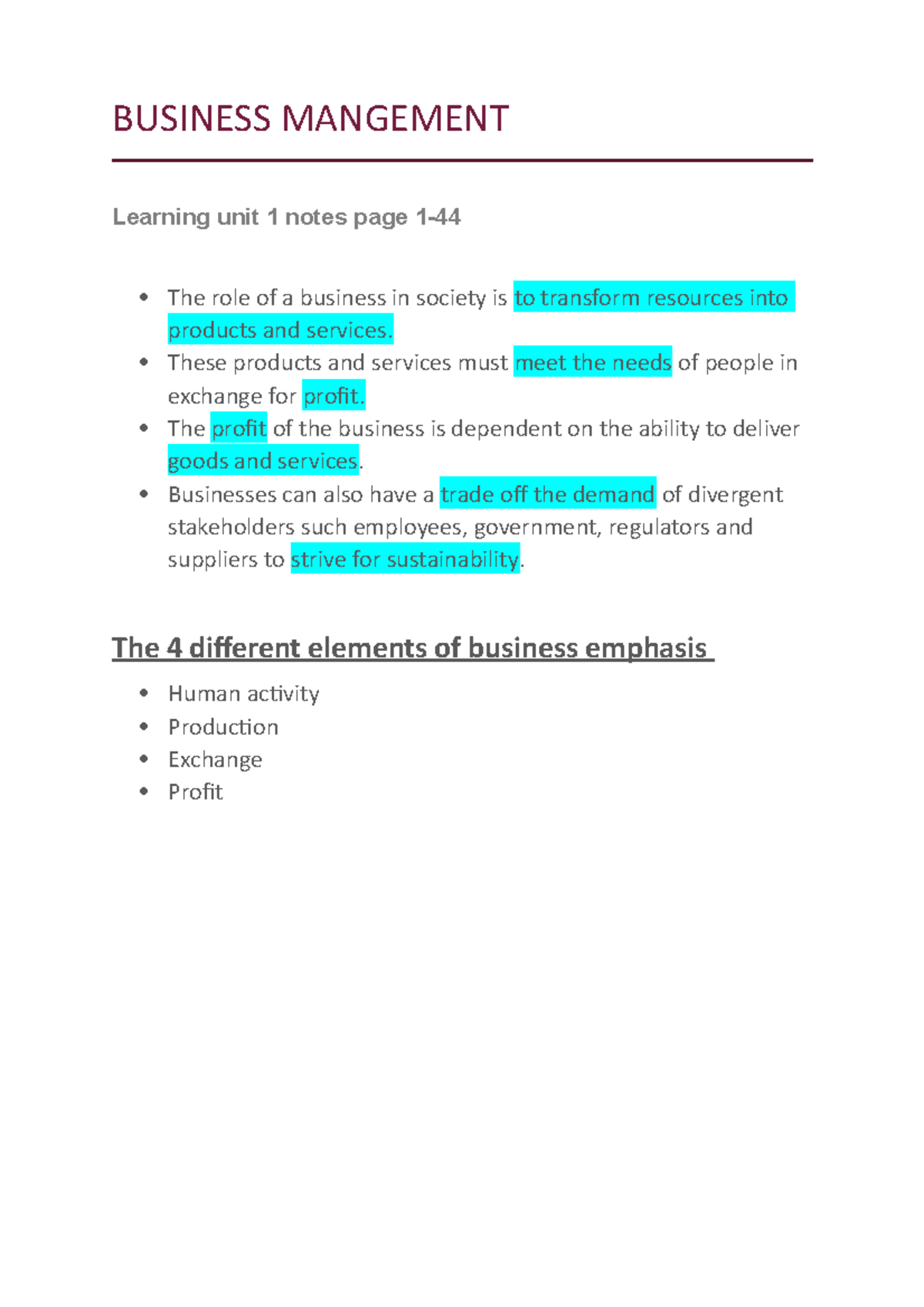 Business Mangement UNIT 1 Notes - BUSINESS MANGEMENT Learning Unit 1 ...