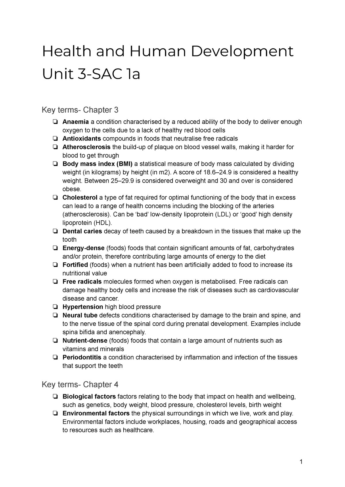 HHD-Unit 3-Sac 1b - Summary Of Sac 1B Unit 3 - Health And Human ...