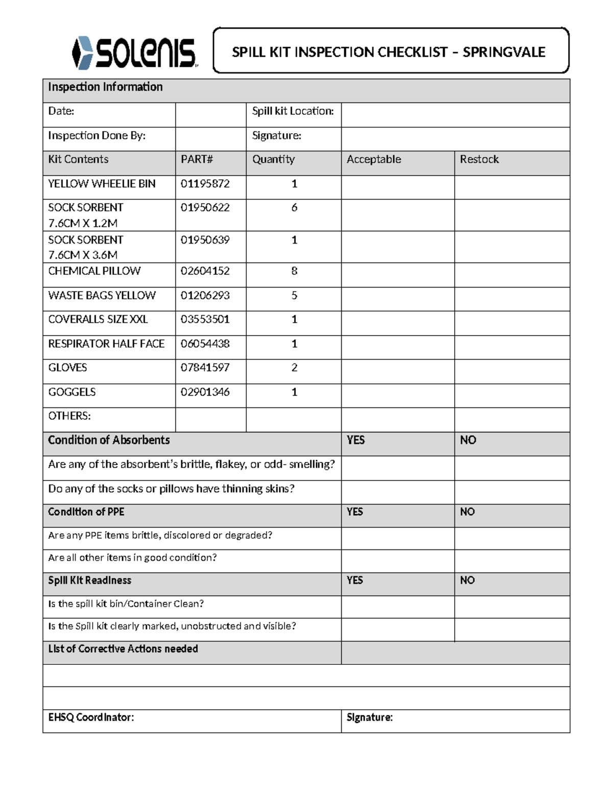 Spill kit Inspection Checklist SPILL KIT INSPECTION CHECKLIST