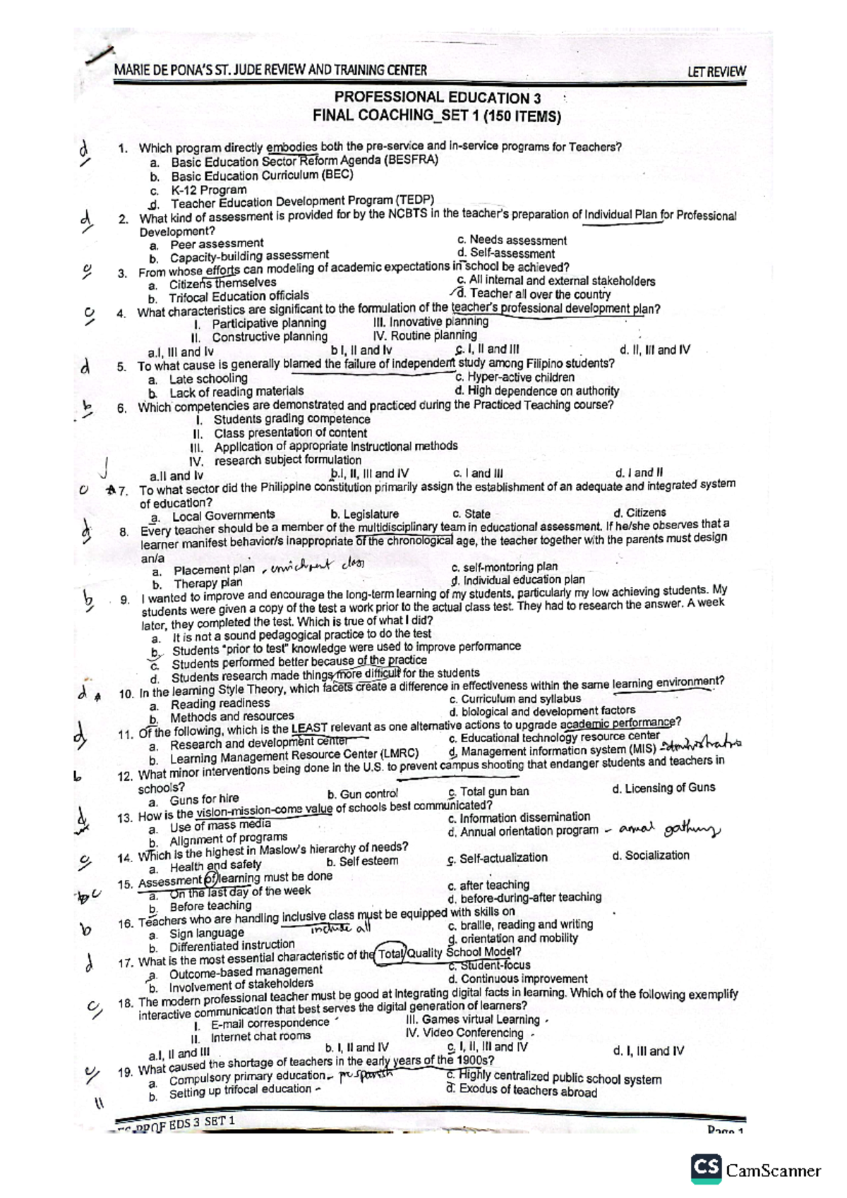 Set 1 Professional Education 3 Final Coaching Bsed English Studocu