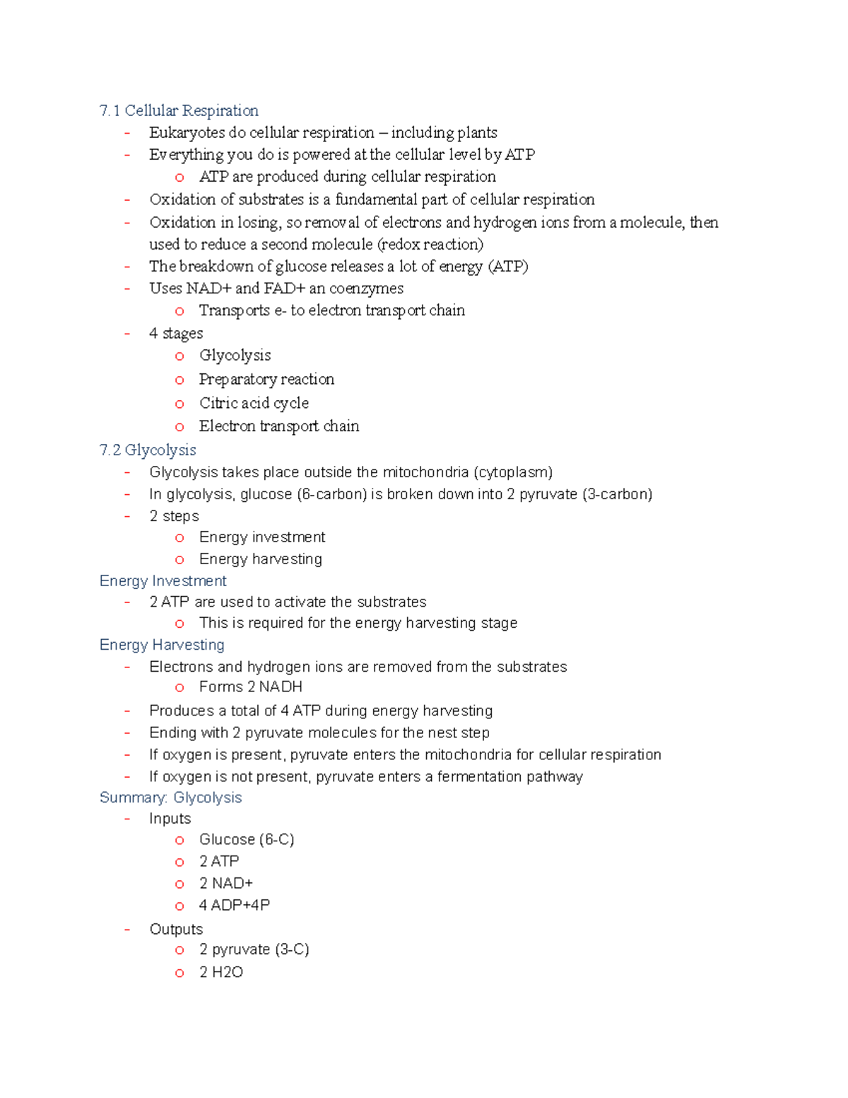 Biology Chapter 7 Notes - Energy For Cells - 7 Cellular Respiration ...