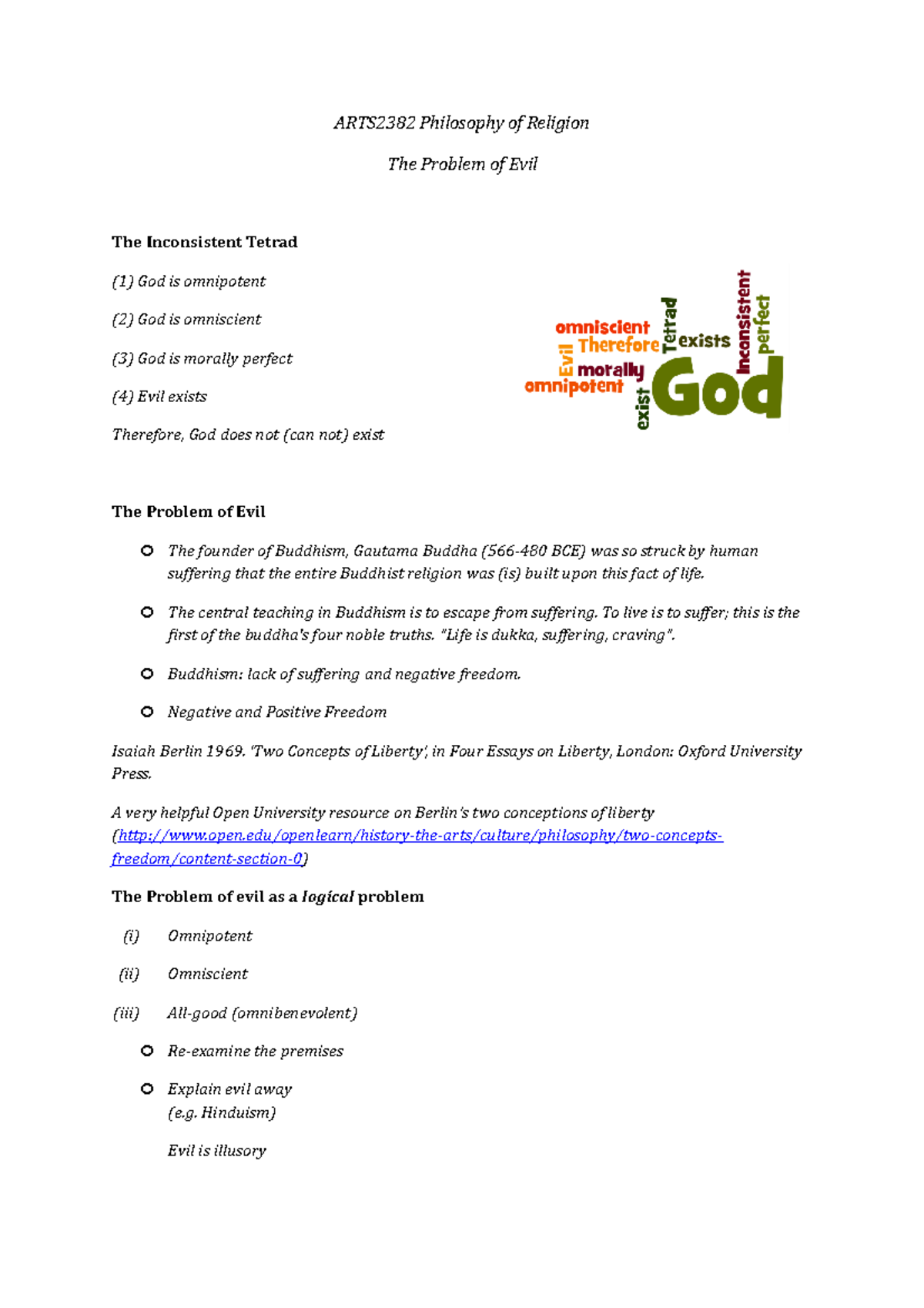 Problem of Evil - Lecture notes - ARTS2382 Philosophy of Religion The ...