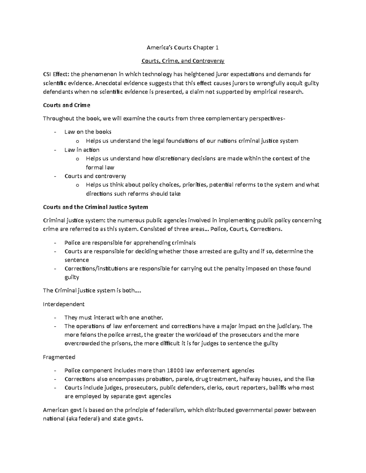 Chapter 1 Notes - Courts Chapter 1 Courts, Crime, And Controversy Csi 