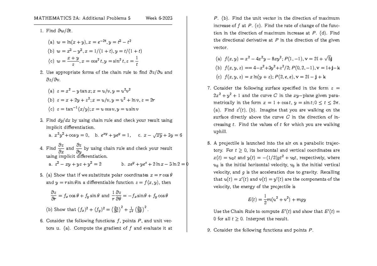Tut 5 - Tut problems - MATHEMATICS 2A: Additional Problems 5 Week 6 ...