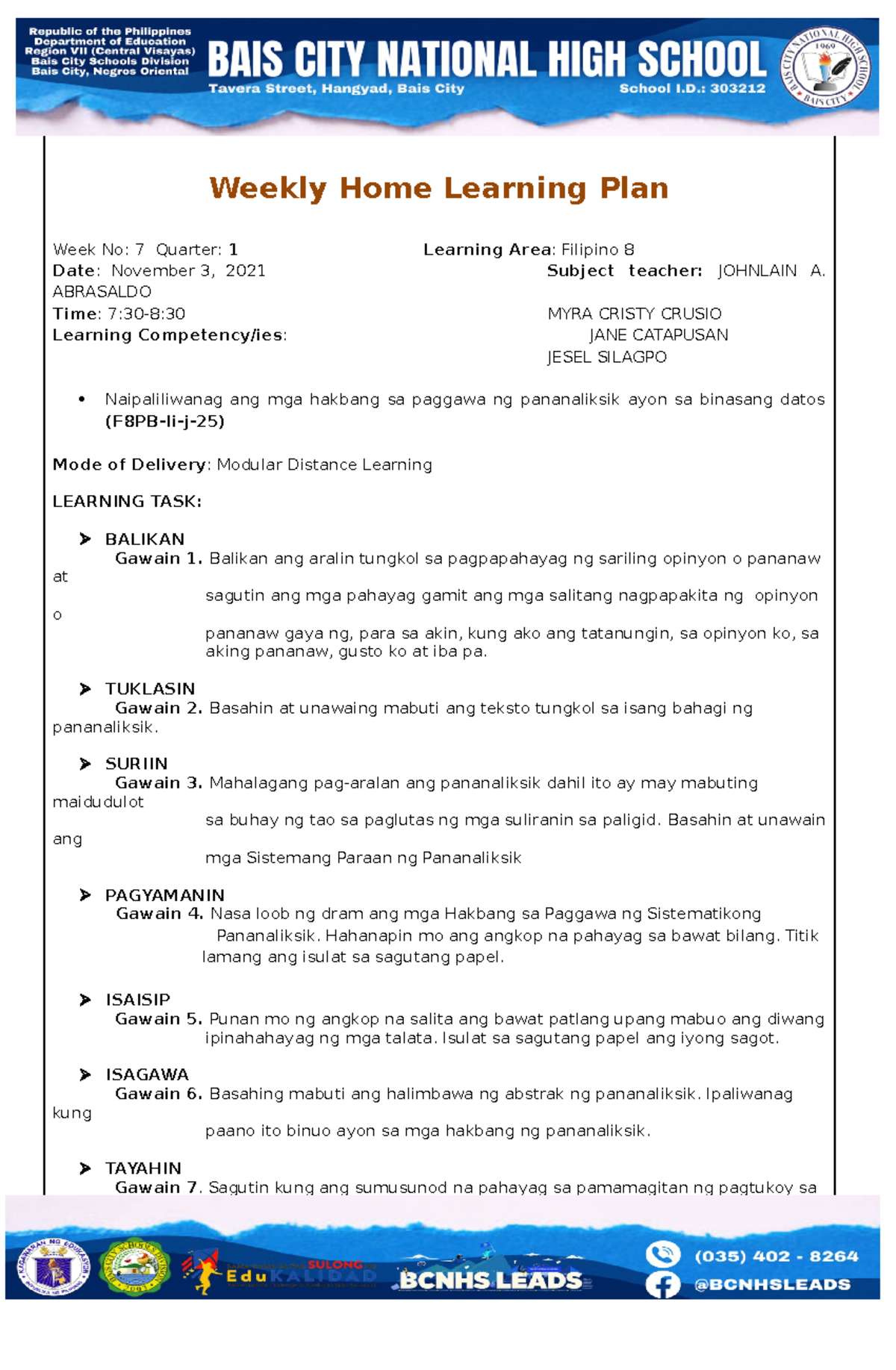 Work Homelearning Plan Filipino 8 Q1 W7 Weekly Home Learning Plan Week No 7 Quarter 1 6759