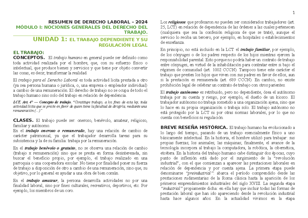 Resumen Laboral Unidad 1 a 5 - RESUMEN DE DERECHO LABORAL – 2024 MÓDULO ...