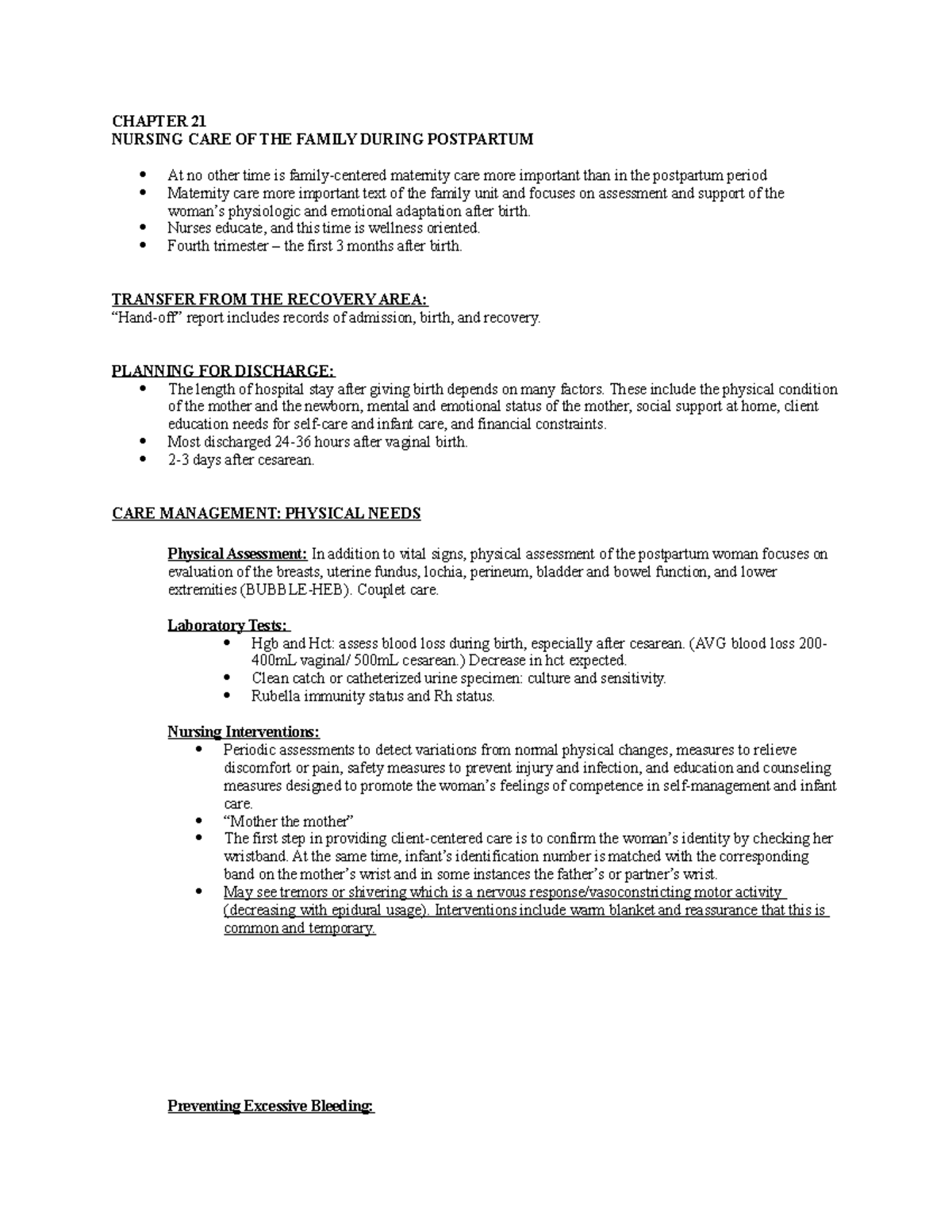 Ch. 21 Notes - CHAPTER 21 NURSING CARE OF THE FAMILY DURING POSTPARTUM ...