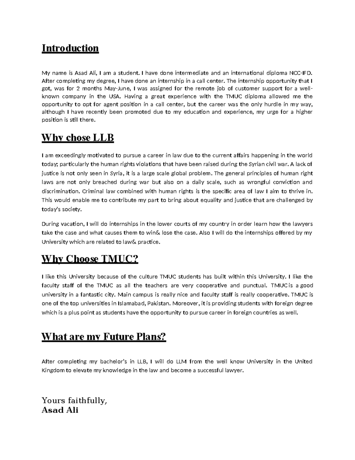 Personal Statement - Introduction My name is Asad Ali, I am a student ...